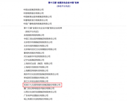 匠心打造数字文化产品 三七互娱入选"全国文化企业30强"提名